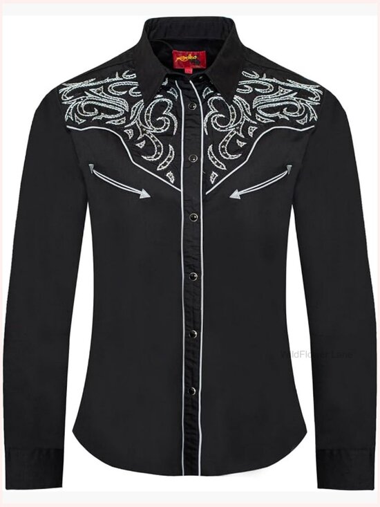 Tops - Western Embroidered Button Down Shirt with Diamond Studs Long Sleeve Women